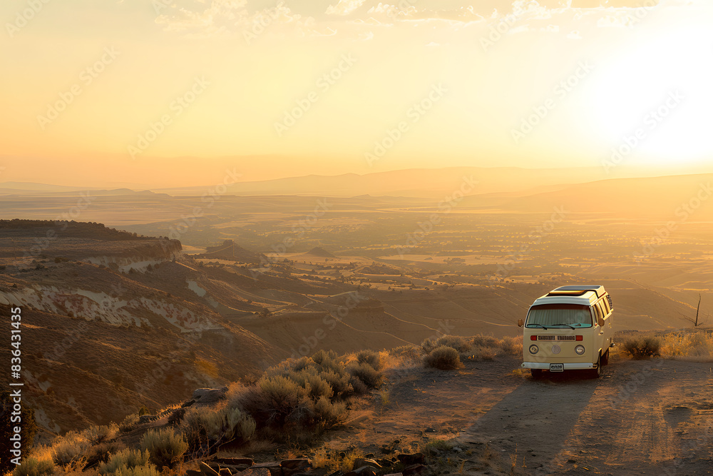 Retro Camper Van at Sunset Overlooking a Scenic Valley with Mountains in the Background During an Adventurous Road Trip Retro Camper Van at Sunset Overlooking a Scenic Valley with Mountains in the Background During an Adventurous Road Trip