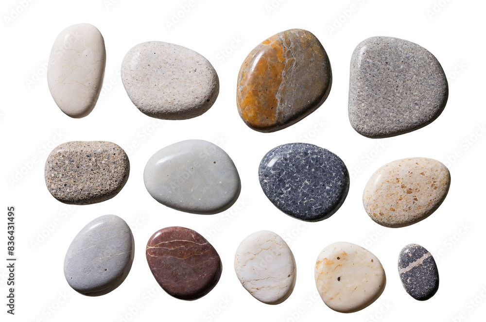 Assorted pebbles on a transparent, white background in png format exhibiting various colors and textures Assorted pebbles on a transparent, white background in png format exhibiting various colors and textures