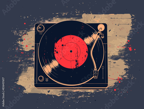 Retro vinyl record player on grunge background. Vector illustration.