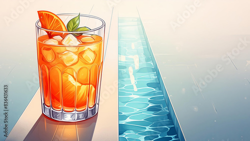 Single glass of orange juice with ice sits on edge of a pool on sunny day, refreshing summer scene