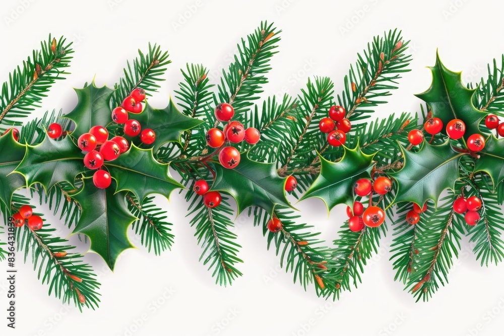 A close-up of holly leaves with bright red berries on a white background A close-up of holly leaves with bright red berries on a white background