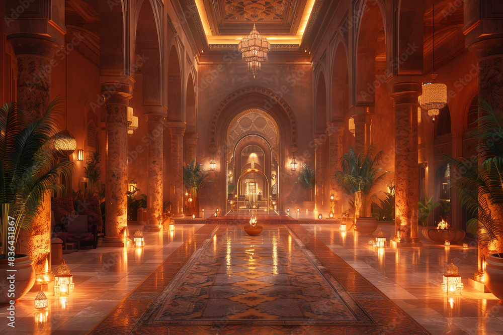 luxurious arabian influenced lobby, tall arcs, swimming pools, cushions and beautiful lights. luxurious arabian influenced lobby, tall arcs, swimming pools, cushions and beautiful lights.