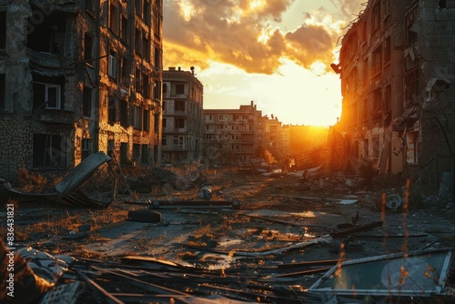 Aerial view of a city s ruin at sunset  with crumbling buildings and debris scattered around