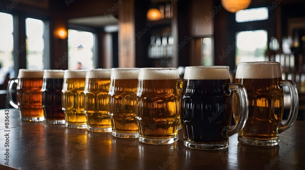 Line of several big beer mugs on table in pub. Line of several big beer mugs on table in pub.
