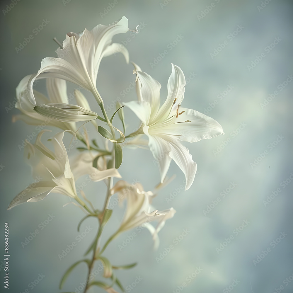 Fototapeta premium Close-up of a beautiful white lily arrangement in ikebana style, showcasing the serene beauty of nature.