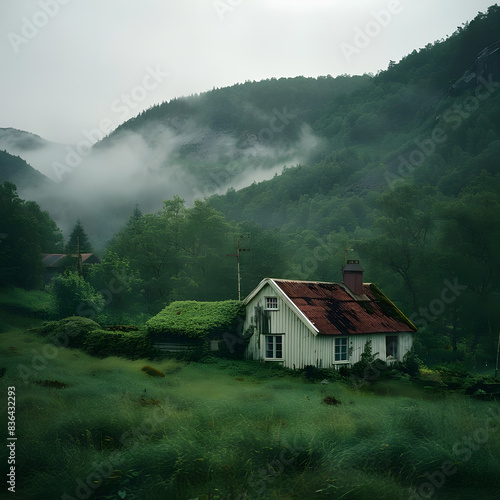 Mysterious farmhouse in the misty mountains of Northern Europe, surrounded by lush greenery and fog.