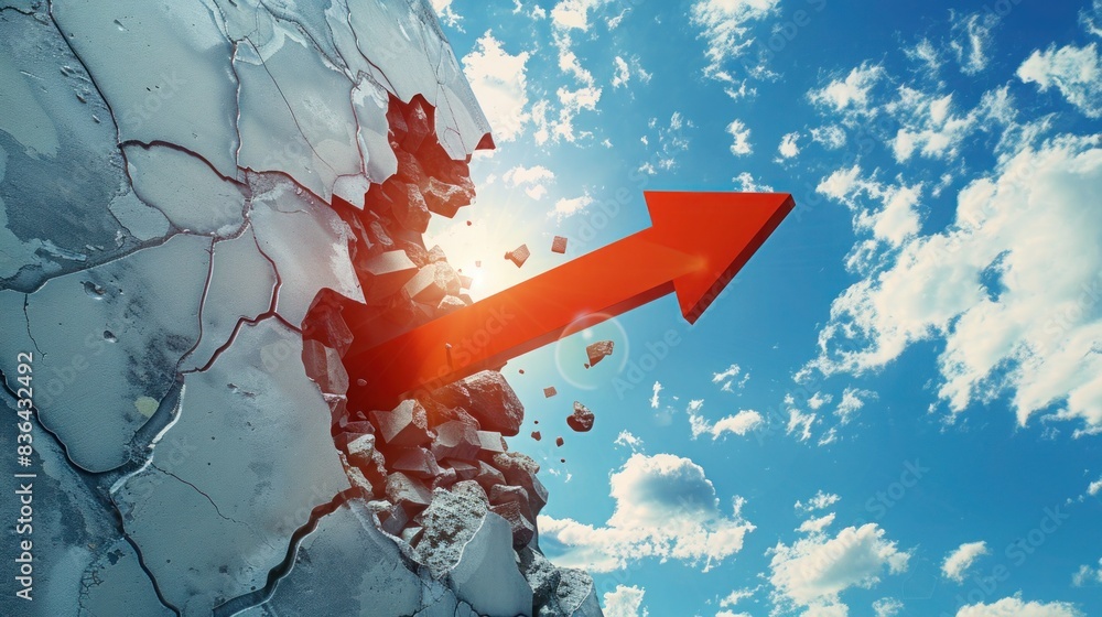 © printartist - Breakthrough arrow with wall and blue sky. Success and breakthrough concept