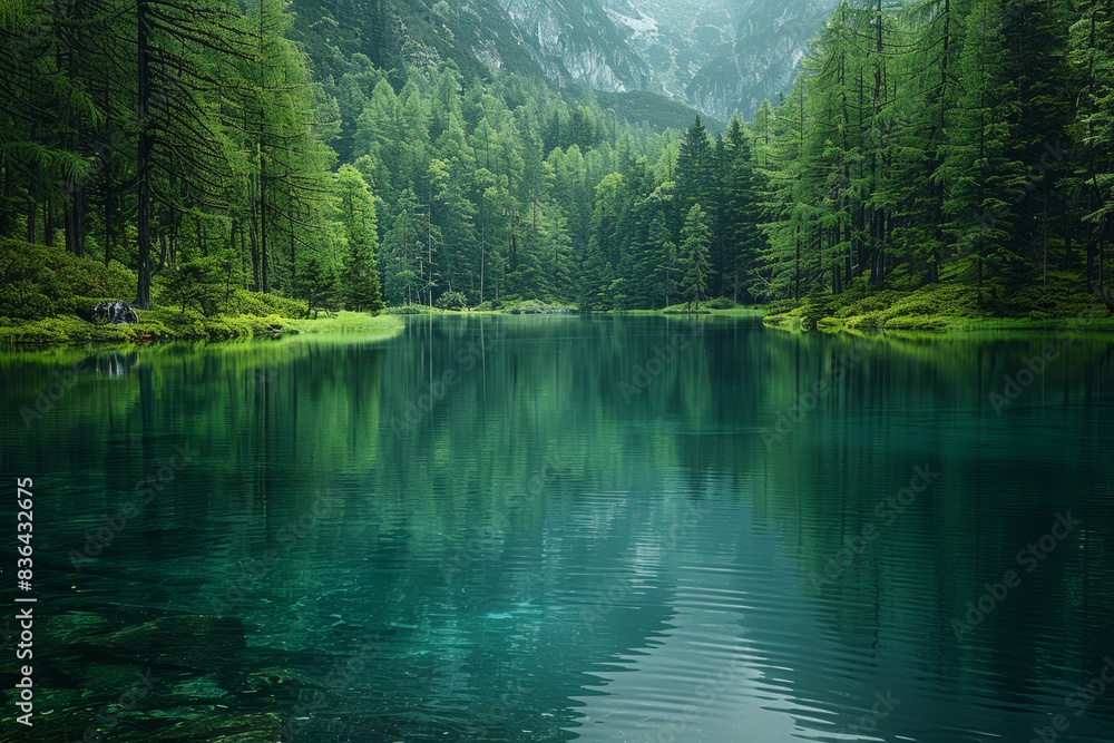 A serene lake reflecting the surrounding forest. Concept of tranquility and nature’s mirror. Generative Ai. A serene lake reflecting the surrounding forest. Concept of tranquility and nature’s mirror. Generative Ai.