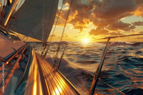 A sailboat gliding across the calm ocean waters as the sun sets behind, ideal for travel or leisure images
