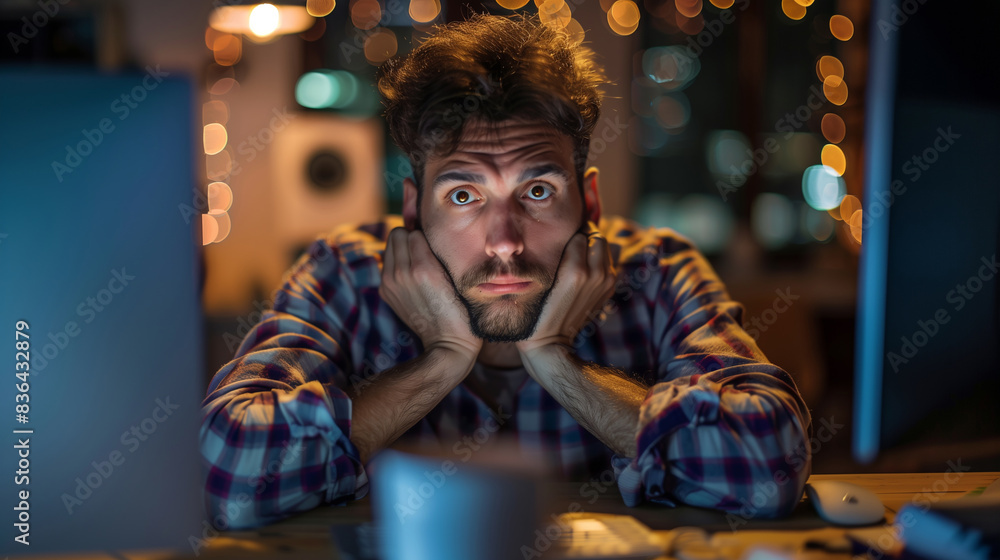 Handsome young man staring at monitor with worried face expression at night at home. Generative AI Handsome young man staring at monitor with worried face expression at night at home. Generative AI