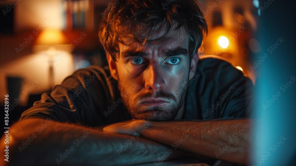 Handsome young man staring at monitor with worried face expression at night, with lamp working in background. Generative AI Handsome young man staring at monitor with worried face expression at night, with lamp working in background. Generative AI