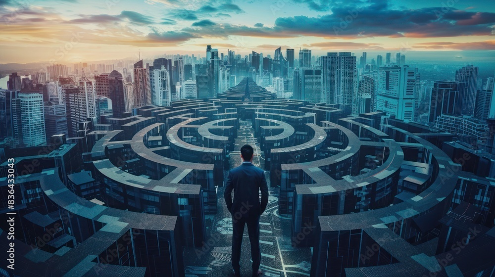 Naklejka premium confused businessman thinking make decision on multiple route ahead, futuristic technology. make decision for career path or business growth concept