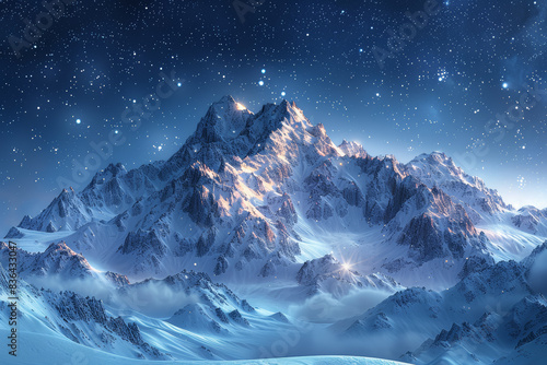 A rugged mountain range under a clear  starry night. Concept of high-altitude landscapes and nighttime beauty. Generative Ai.