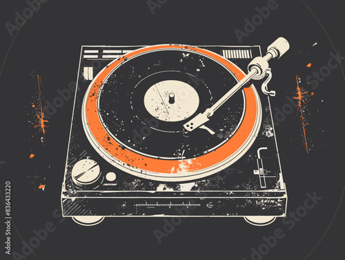 Vintage turntable with vinyl record on black background. Vector illustration.