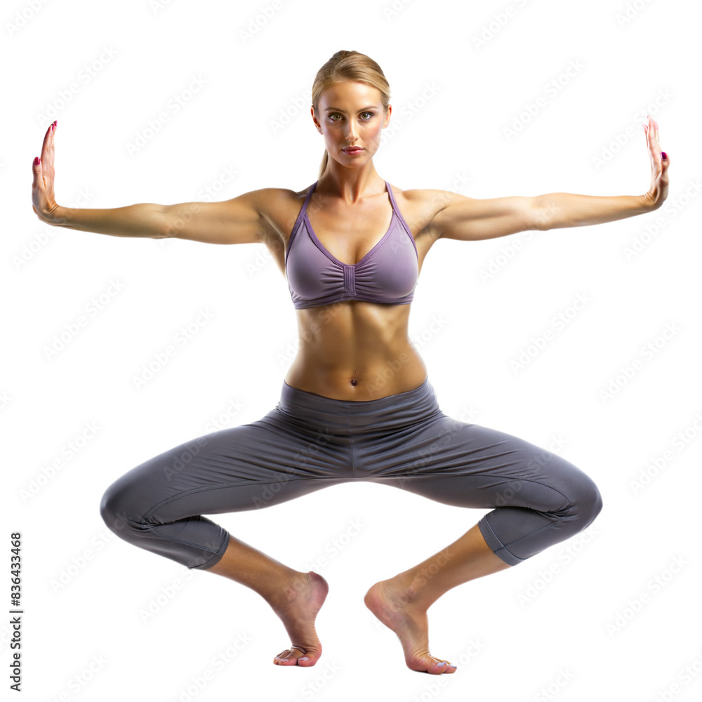 Woman Performing a Yoga Squat Pose With Arms Extended in a Studio Setting Woman Performing a Yoga Squat Pose With Arms Extended in a Studio Setting