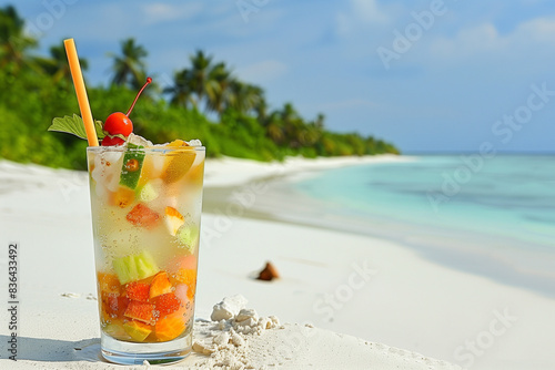 Fruit cocktail on a paradisiacal beach photo