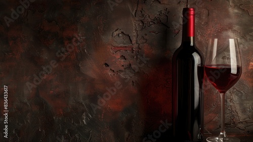 A glass containing red wine and the bottle
