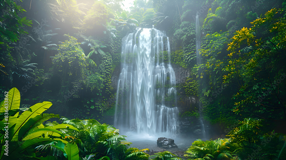 A majestic nature waterfall cascading down a cliff, surrounded by lush green vegetation and mist rising from the water