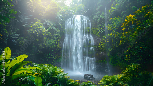 A majestic nature waterfall cascading down a cliff  surrounded by lush green vegetation and mist rising from the water