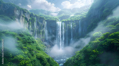 A majestic nature waterfall cascading down a cliff  surrounded by lush green vegetation and mist rising from the water