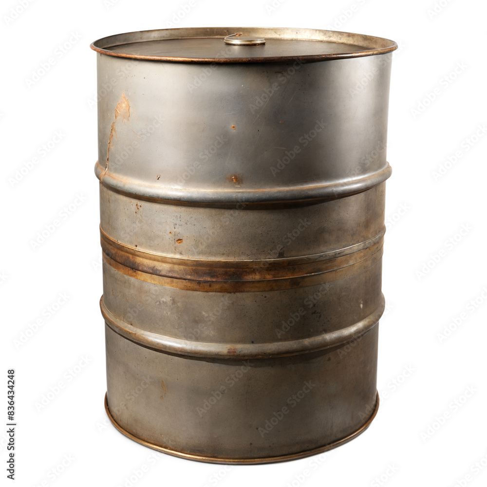 Rusty Metal Drum With Gold Bands Isolated on Transparent Background
