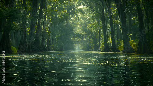 A mysterious nature bayou with tall cypress trees and hanging moss  the water dark and still