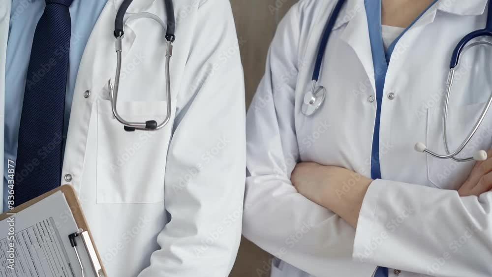 Professional healthcare team in uniform. Two doctors with stethoscopes are standing straight with arms crossed. Medicine concept Professional healthcare team in uniform. Two doctors with stethoscopes are standing straight with arms crossed. Medicine concept