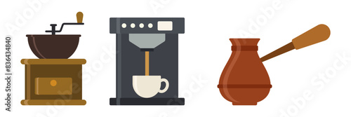 Prepare coffee. Hot and cold coffee set. Espresso, americano cup, cappuccino and latte in paper mug, iced macchiato in glass. Flat vector illustrations isolated on white background