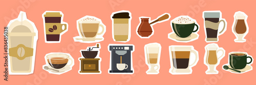 Coffee sticker set. Different types of drinks. Espresso, americano cup, cappuccino and latte in paper mug, iced macchiato in glass. Flat vector illustrations isolated on white background