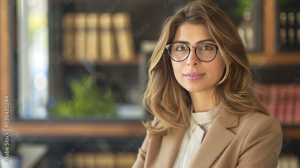 A woman wearing glasses is smiling for the camera. A woman wearing glasses is smiling for the camera.