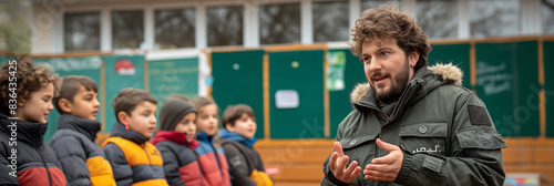school teacher, giving instructions in the playground, to some distracted students.