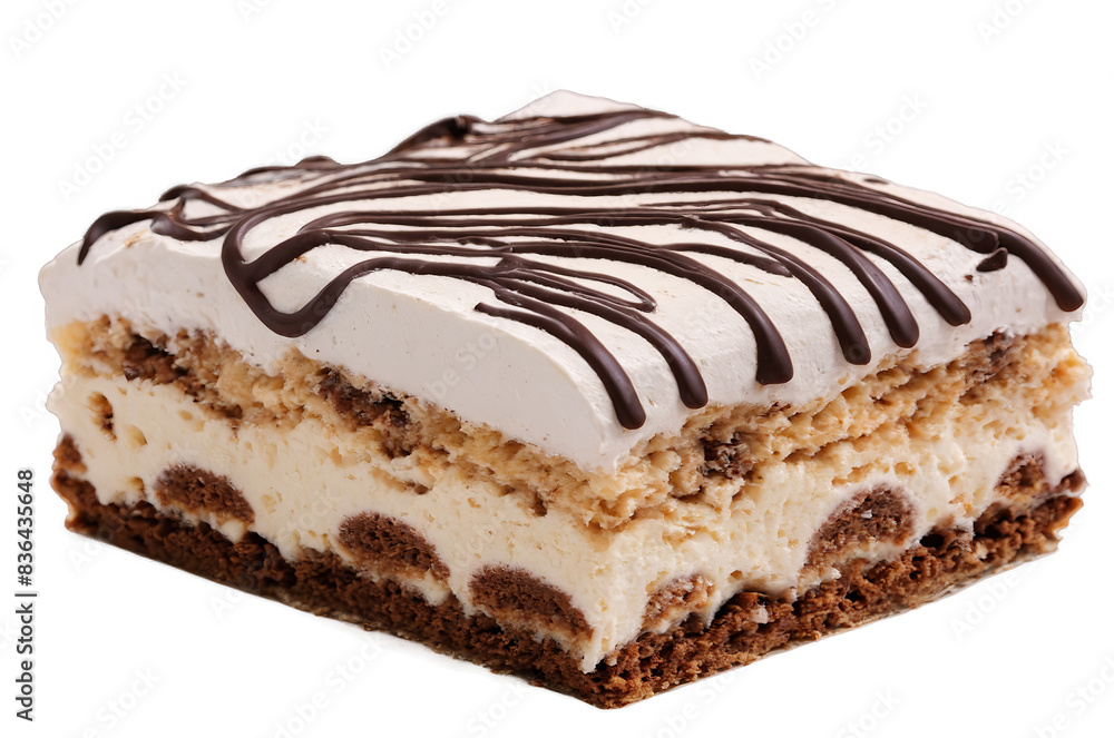 An appetizing slice of tiramisu cake with creamy layers and chocolate drizzle, set on a white background as a transparent png An appetizing slice of tiramisu cake with creamy layers and chocolate drizzle, set on a white background as a transparent png