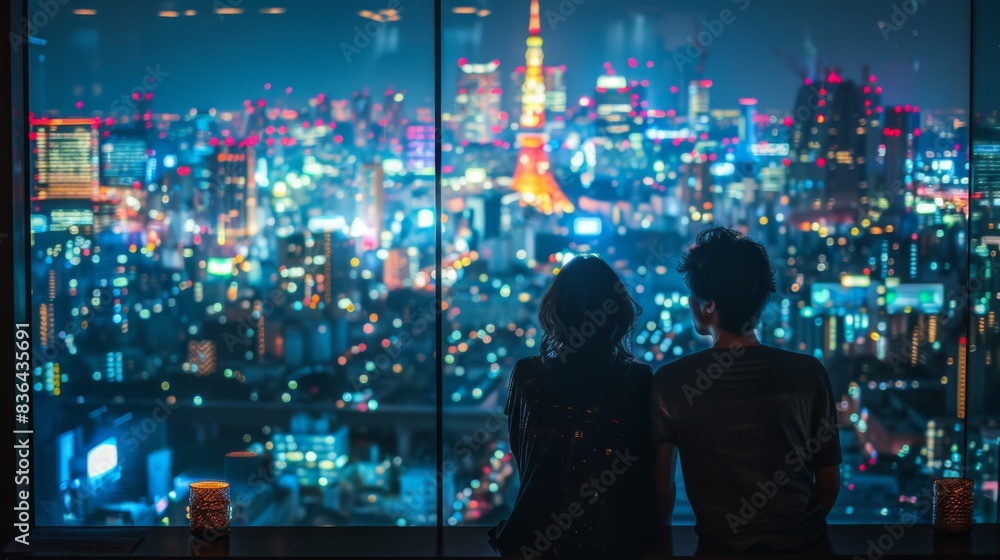 A couple is standing in front of a window, looking at the city below. The city is full of lights and skyscrapers. The couple is holding each other close. A couple is standing in front of a window, looking at the city below. The city is full of lights and skyscrapers. The couple is holding each other close.
