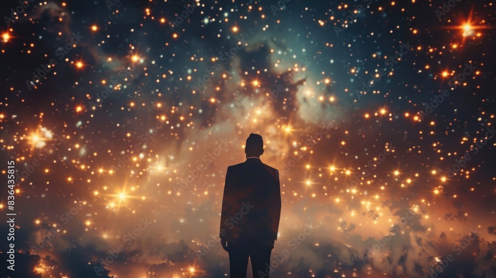 Silhouetted figure in a suit against a backdrop of glowing stars. Silhouetted figure in a suit against a backdrop of glowing stars.