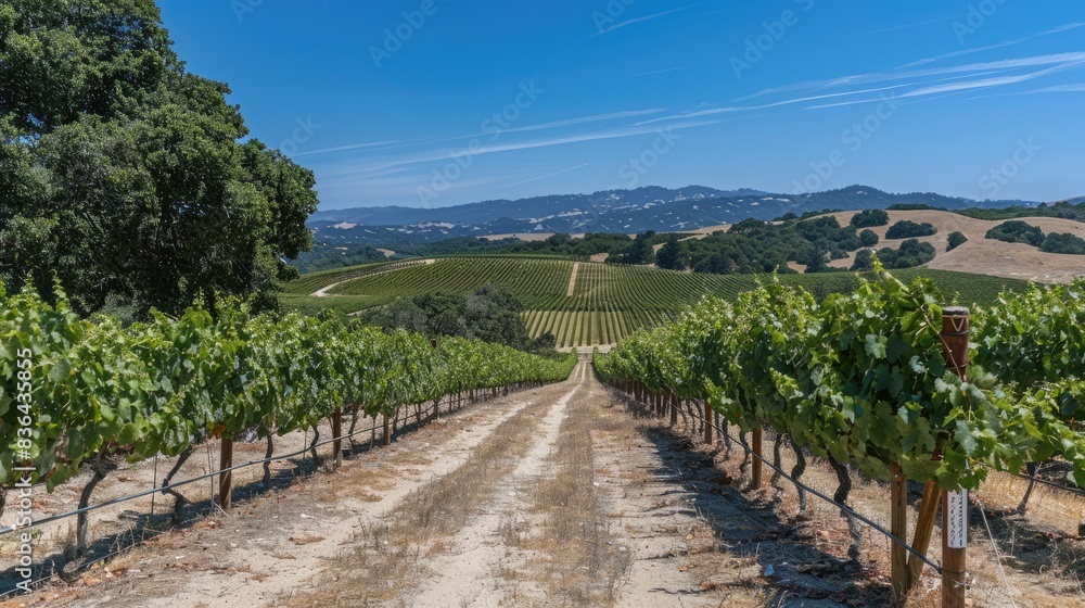 Images of a vineyard with a pathway and clear blue skies Images of a vineyard with a pathway and clear blue skies
