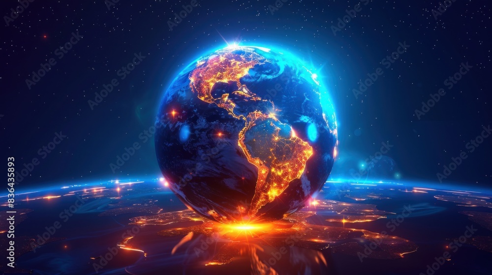 Fototapeta premium Simplistic globe icon with illuminated paths denoting international expansion.