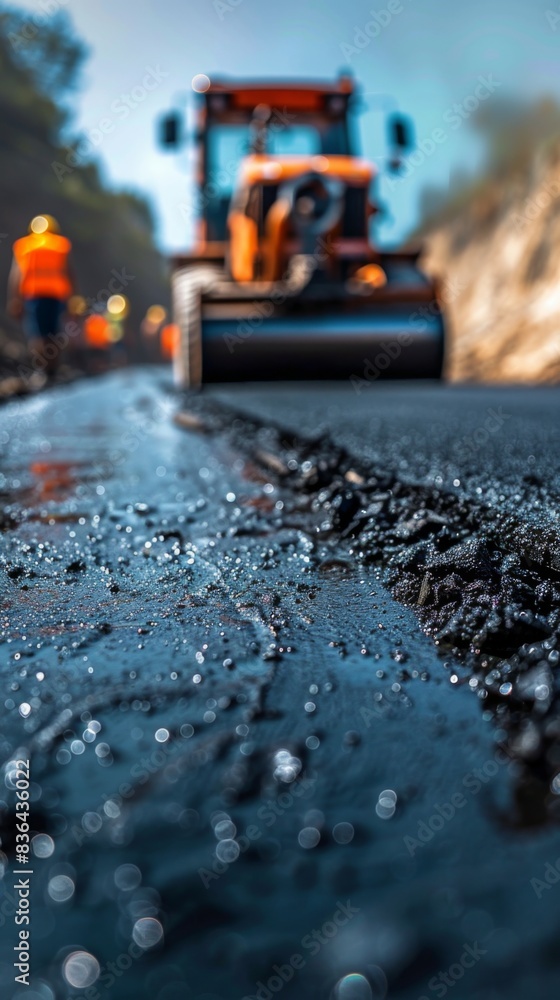The image shows a close-up of a road roller compacting a new layer of asphalt on a road construction site. The image shows a close-up of a road roller compacting a new layer of asphalt on a road construction site.