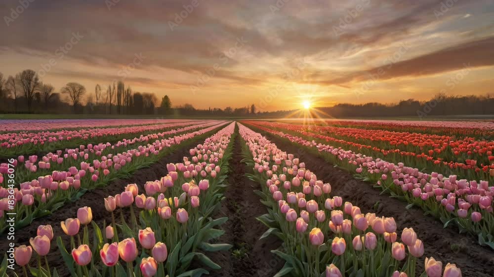 field of tulips, sunset field of tulips, sunset