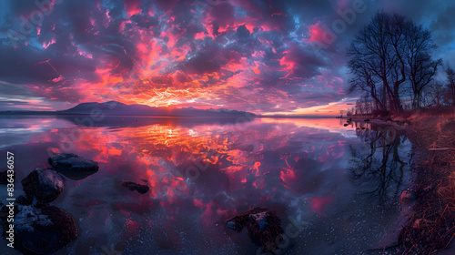 A nature bay during sunset, the sky ablaze with colors, and the water reflecting the hues photo