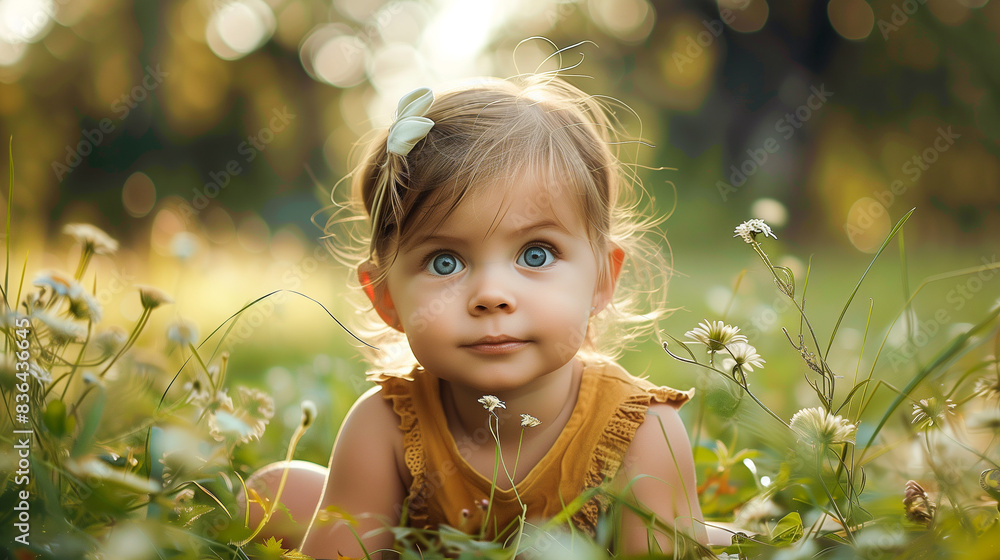 A little blue-eyed girl sitting among the grass and plants A little blue-eyed girl sitting among the grass and plants