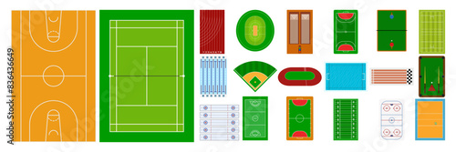 Sport fields. Running track field or athletic stadium. Playground for runner or soccer. Marathon race. Road lane. Sport concept. Sign, symbol, icon or logo isolated. Flat design. Cartoon illustration