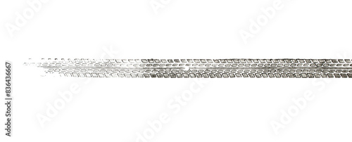 black traces of tractor tires on white background.