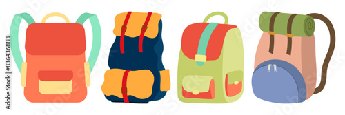 Summer travel vacation Icons luggage. Flat style. Suitcases and backpacks. Vector illustration.