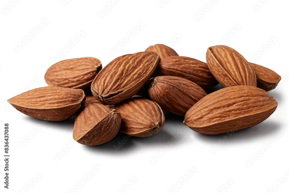 A cluster of almonds presented on a transparent, white background, png, emphasizing health and nutrition A cluster of almonds presented on a transparent, white background, png, emphasizing health and nutrition