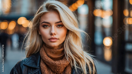 Stunning portrait of a beautiful woman influencer and model with blonde hair highlights photo
