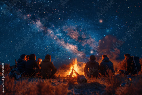 A group of friends gathered around a campfire under the stars. Concept of camaraderie and adventure. Generative Ai. photo