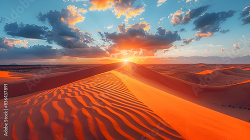 A nature coastal dune during sunset  the sky ablaze with colors  and the sand casting long shadows