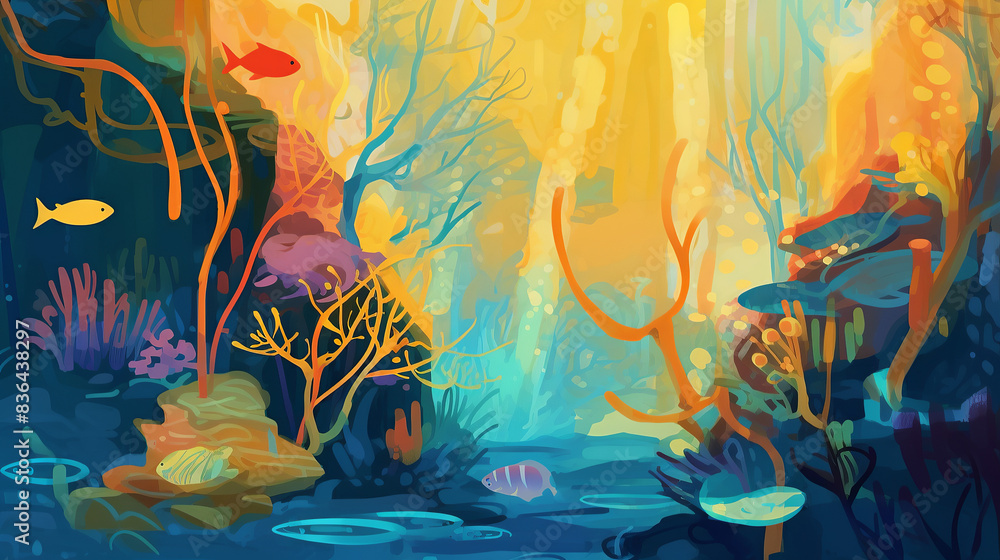 A serene underwater kingdom at dawn, in the style of fauvist chromatics, studio photography, yellow and pink, precise figures, lights and shadows, strong color saturation, majestic underwater palaces, A serene underwater kingdom at dawn, in the style of fauvist chromatics, studio photography, yellow and pink, precise figures, lights and shadows, strong color saturation, majestic underwater palaces,