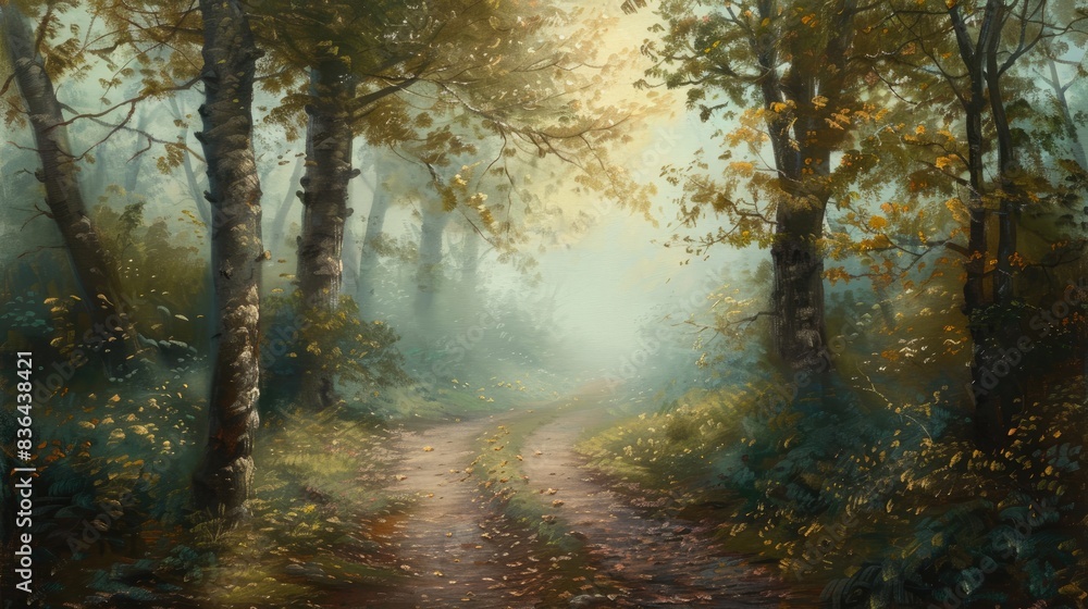 Fototapeta premium Image of misty woodland pathway