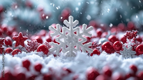 A Snowflake Surrounded by Red and White Christmas Ornaments on a Snowy Background - Generative AI
